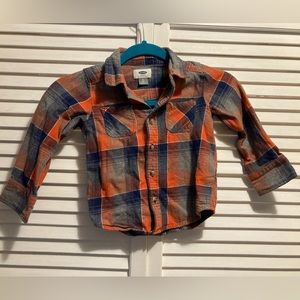 Orange, navy blue, and gray plaid Old Navy flannel shirt size 4T